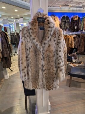 Classic Lynx-Pattern Fur Trench Coat - Cream & Brown